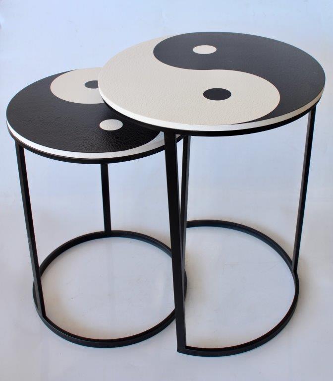 Set Of 2 Metal & Wooden Ying Yang Tables